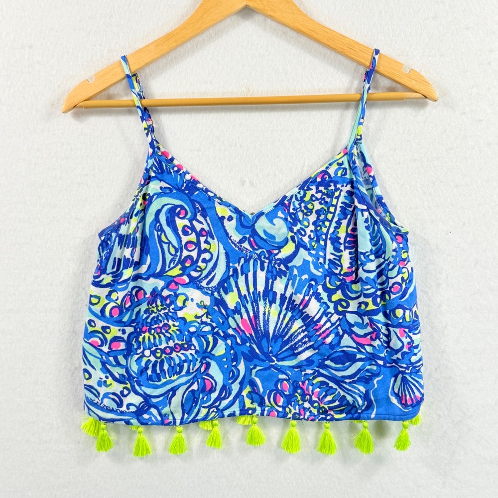 Lilly Pulitzer Ceviche Ramona Top Women 0 Blue Pink Tassel Beachy Coastal Preppy